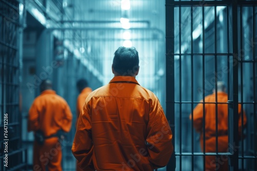 Prisoners, inmates in orange uniforms standing facing the metal bars in front of prison cells jail