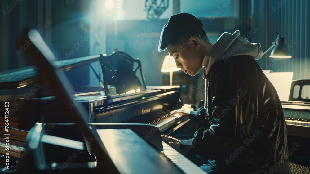 Young musician deeply focused on playing piano in a moody, atmospheric studio. - obrazy, fototapety, plakaty 