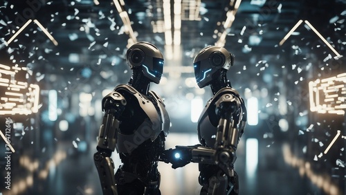 Generative AI. Data analytics. Machine learning. Decentralized ledger. Cryptographic. Block chain. Robots working with humans hands in hands. Science Fiction. Doing human work. Space ships futuristic.