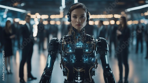 Generative AI. Data analytics. Machine learning. Decentralized ledger. Cryptographic. Block chain. Robots working with humans hands in hands. Science Fiction. Doing human work. Space ships futuristic.
