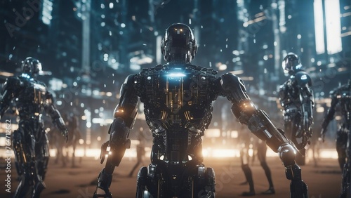 Generative AI. Data analytics. Machine learning. Decentralized ledger. Cryptographic. Block chain. Robots working with humans hands in hands. Science Fiction. Implementing AI into system. Backbone 