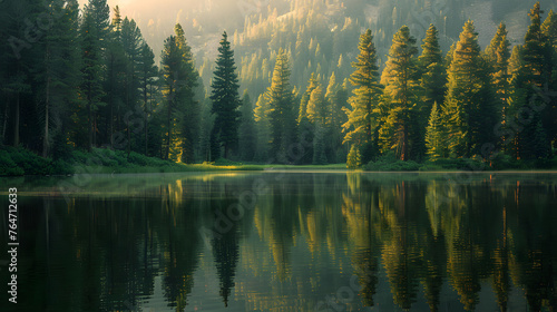 A tranquil lake, with towering pine trees as the background, during a peaceful summer morning