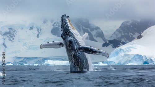A powerful humpback whale is seen jumping out of the water in a breathtaking display of strength and agility. The massive creature gracefully propels itself into the air before crashing back into the