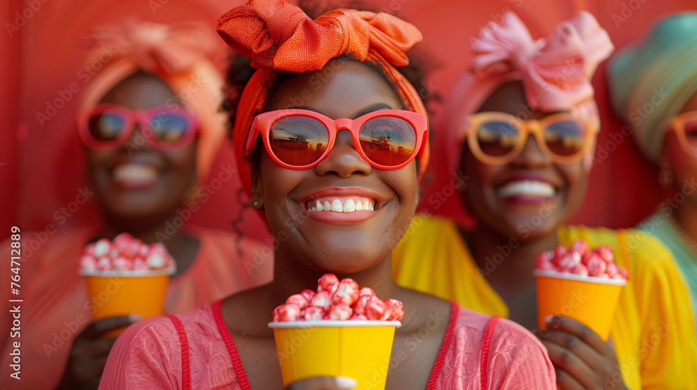 Joyful women with colorful headscarves and sunglasses holding popcorn at a cinema or festival. - obrazy, fototapety, plakaty 