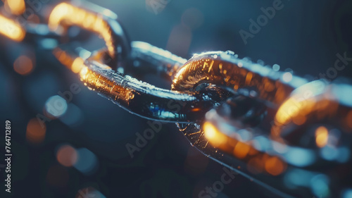 Up-close shot of a wet chain with glistening droplets, symbolizing strength and connectivity. photo