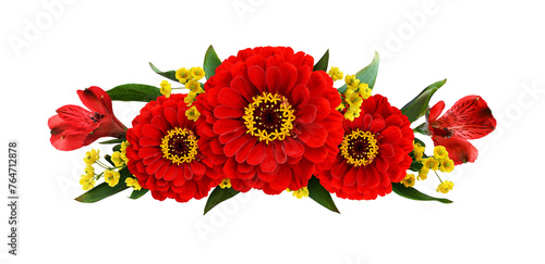 Red zinnia and alstroemeria flowers in a line floral arrangement isolated on white or transparent background
