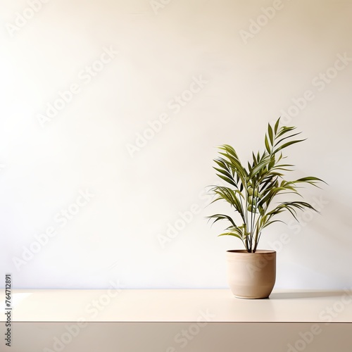 Potted plant on table in front of white wall  in the style of minimalist backgrounds  exotic