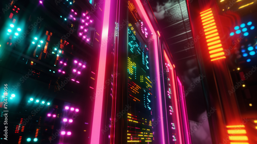 Vibrant server room with neon lights reflecting the complexity and power of technology. Vibrant server room with neon lights reflecting the complexity and power of technology.
