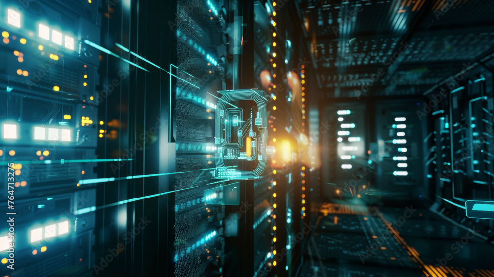 Blazing data stream flows through futuristic server racks in a vibrant data center. Blazing data stream flows through futuristic server racks in a vibrant data center.