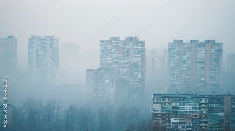 Cityscape shrouded in smog, symbolizing environmental crisis and air pollution.