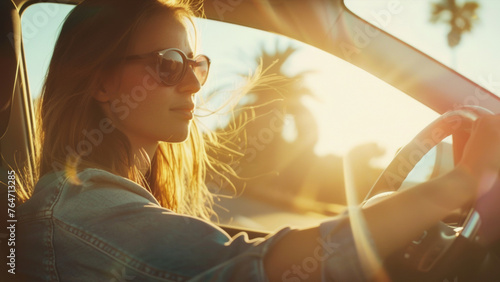 Sun-kissed woman enjoys a serene drive, the essence of freedom on a coastal road. photo