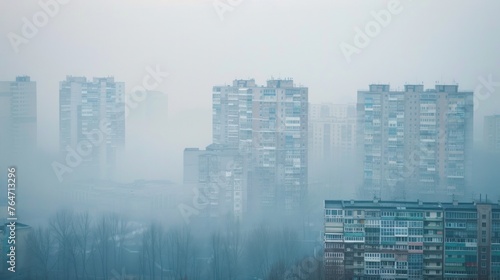Cityscape shrouded in smog, symbolizing environmental crisis and air pollution. © Postproduction