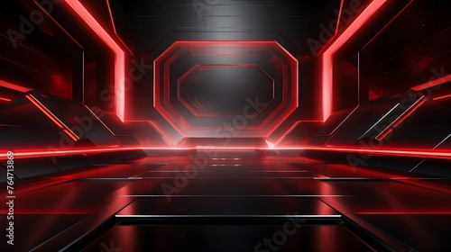 3d rendering of black and red abstract geometric background. Scene for advertising, technology, showcase, banner, game, sport, cosmetic, business, metaverse. Sci-Fi Illustration. Product display