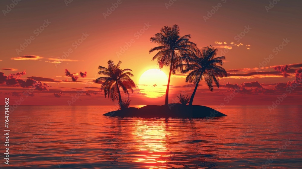 Fototapeta premium The sun setting over the ocean, casting a warm orange glow on the palm trees and small island in the distance. The calm waters reflect the sky, creating a serene atmosphere.