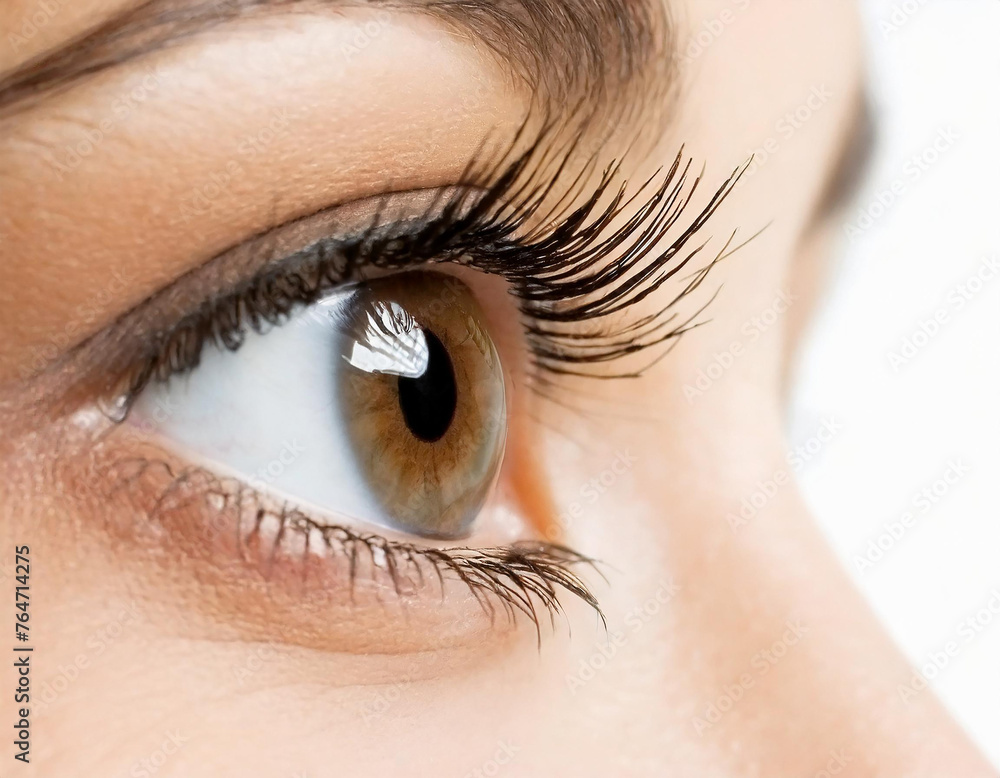 Obraz premium Very close up woman eye with details... looking to the side; macro shooting of open eyes 
