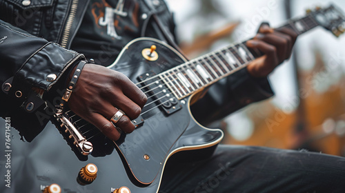 Close-up of a musician playing an electric guitar, showcasing hands and strings with a blurred background. © amixstudio