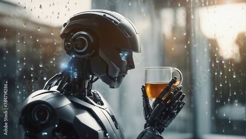 Generative AI. decentralized ledger, cryptographic, distribution network, immutable database, transaction data. robot drinking tea. NFT, science fiction, bots, future technology. holding cup of tea.  © Sonia