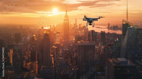 An Drone airplane is seen soaring above a city as the sun sets in the background, casting a warm glow over the urban landscape. The city lights are beginning to twinkle as darkness settles in. photo