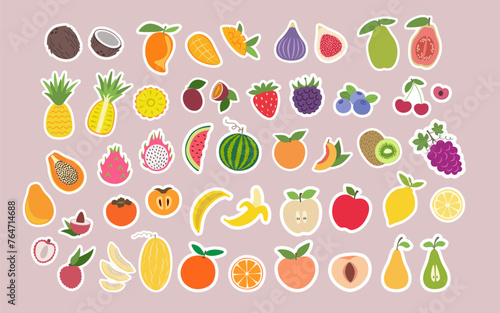 Sticker pack fruits and berries in flat design. Pack of fruit and berry illustrations. Simple style.
