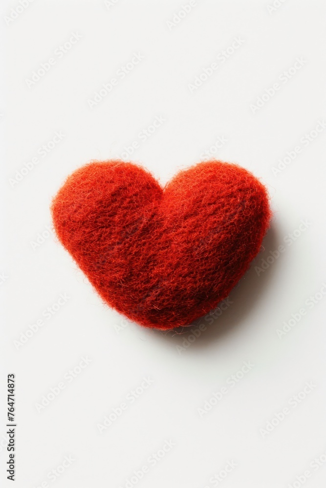 A bright red felt heart placed on a clean white background, standing out with its vibrant color and soft texture
