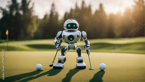 Generative AI. AI in Daily Life: Enhancing Everyday Experiences with Smart Technology. Empowering Humanity: AI Everyday Impact Unveiled in Captivating Imagery. Robot playing golf in field. 2x strength photo