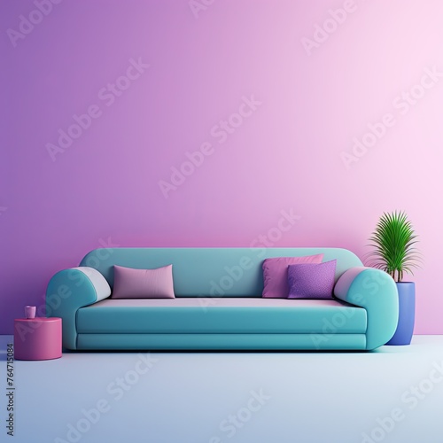 Purple l shaped couch isolated on blue wallpaper  in the style of light pink and light green
