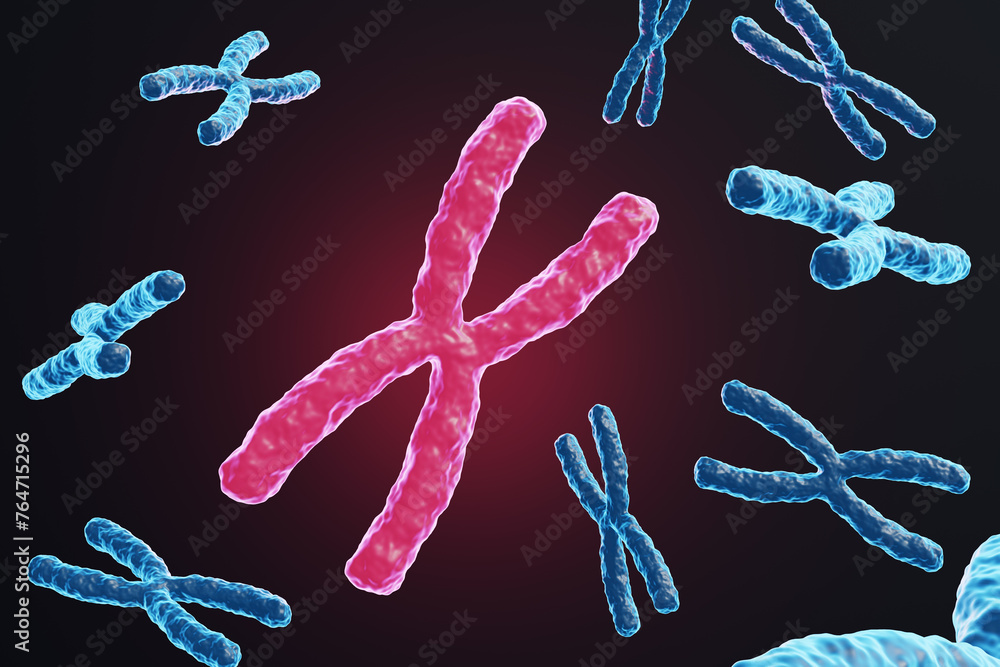 Glowing red chromosome standing out from other blue chromosomes on dark black background. Illustration of the concept of DNA, genetic material and reproduction Glowing red chromosome standing out from other blue chromosomes on dark black background. Illustration of the concept of DNA, genetic material and reproduction