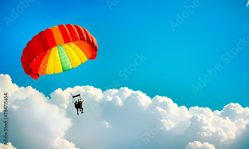 Gliding with a parachute on the background of bright sunset.