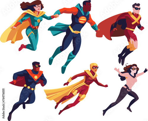 Dynamic Superheroes Soaring High in Diverse and Colorful Costumes