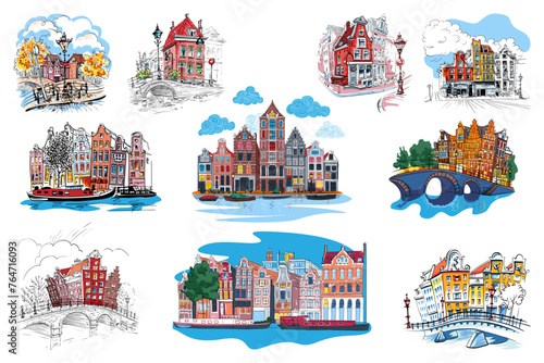 Set of Amsterdam city sketches with traditional canal, typical dutch houses, Holland, Netherlands.