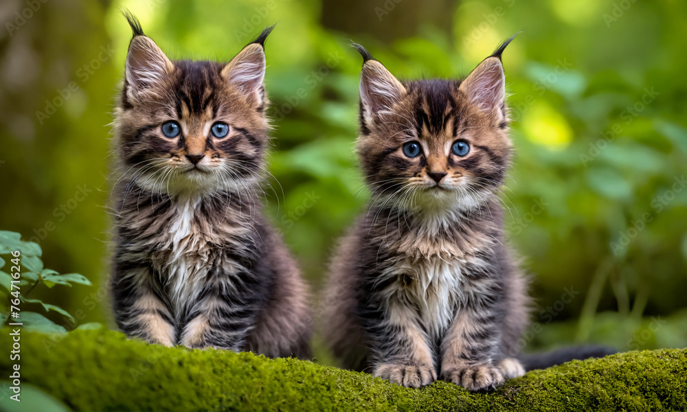 Beautiful big Maine kittens walking in the forest.