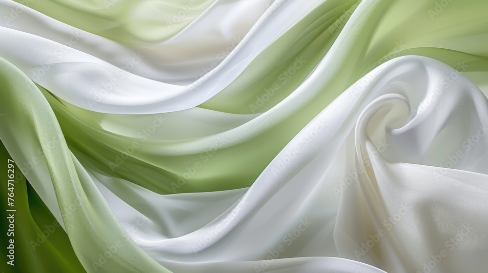 Detailed close-up of a white and green fabric, showcasing intricate patterns and textures in pastel shades Detailed close-up of a white and green fabric, showcasing intricate patterns and textures in pastel shades