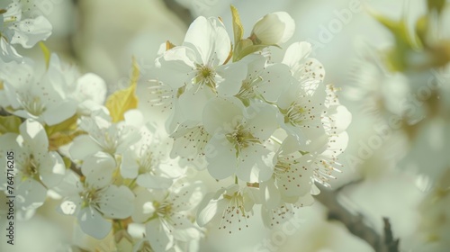A close-up shot of a bunch of white flowers blooming on a tree in springtime, creating a serene and beautiful sight