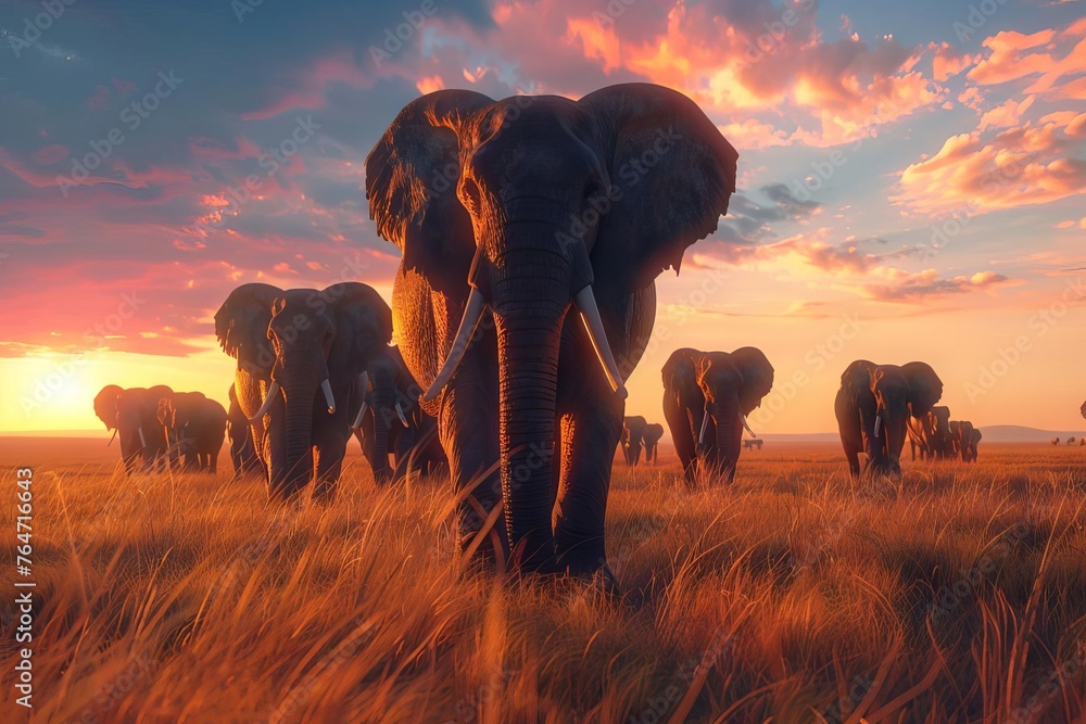 Awe-inspiring, photorealistic 3D rendering of a majestic elephant herd walking across a vast, African savanna at dusk - obrazy, fototapety, plakaty 