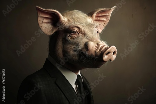 Bizarre Pig-Headed Man in Suit, Surreal Anthropomorphic Animal Character Concept Art