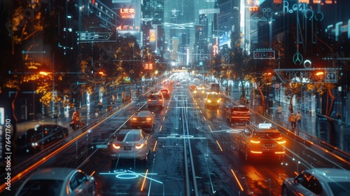 Futuristic Cityscape with Glowing Digital Information Streams