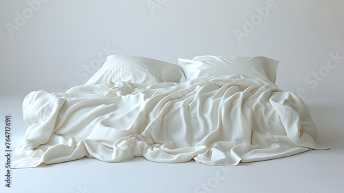 A bed adorned with white linens and pillows, set on a crisp white surface resembling a piece of art. The transparent material creates a sense of comfort and sculpturelike elegance photo