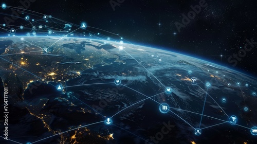 The Earth is seen from space at night. Lines connect city Internet communications. illuminated by the lights of cities and towns. The planets vast oceans and continents are visible, showcasing the