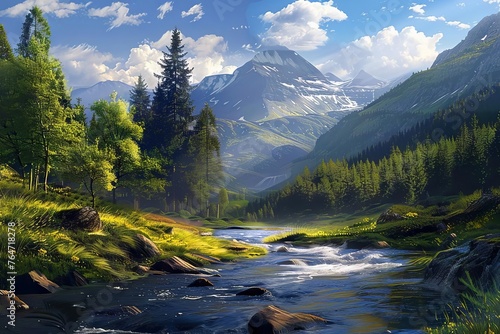 Enchanting Forest River in a Highland Landscape, Digital Painting