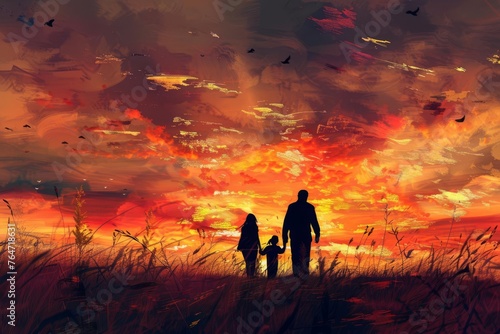 Family Silhouette Walking Towards Vibrant Sunset Sky, Christian Faith Concept Illustration, Digital Painting