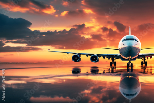 The plane stands against the backdrop of a beautiful sunset sky with clouds. Travel concept. photo