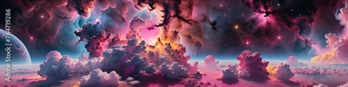 Abstract surrealistic banner pink space clouds, background for design	