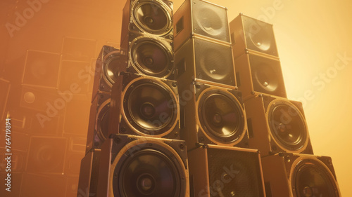 Towering stack of powerful speakers against a warm golden backdrop. photo