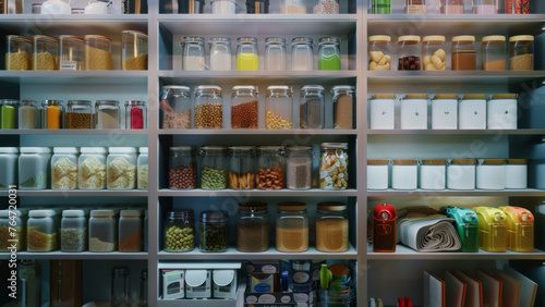 Organized pantry shelves stocked with neatly labeled jars and containers. © VK Studio