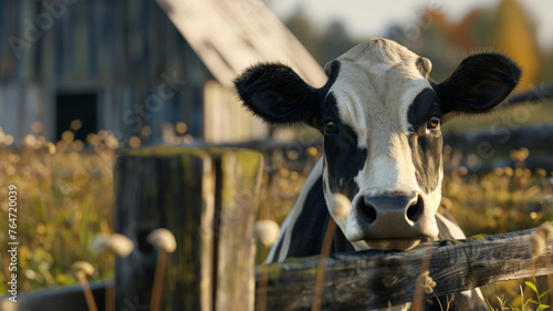 A serene cow gazes through a wooden fence in the golden light of rural morning.