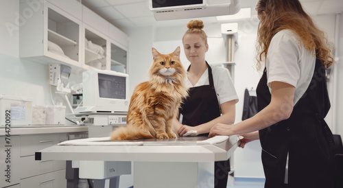 A female cat sitting on an X-ray table in the middle of a modern animal clinic, while her owner stands beside and pets it