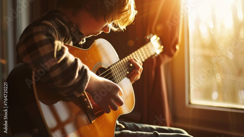Child's musical journey begins with a soft sunset glow on his guitar. photo