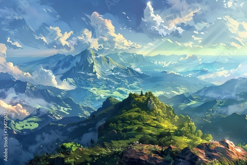 Majestic Mountain View A Breathtaking Landscape Illustration, Digital Painting © furyon