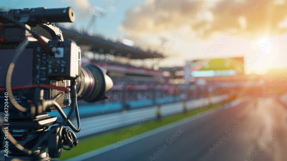 Professional video camera captures a sunset race at a motorsport track. - obrazy, fototapety, plakaty 
