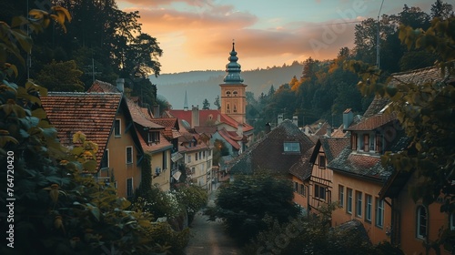 Portray quaint village and iconic tower under warm evening hues
